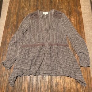 Textured Knit Cardigan with Crochet Shoulders | Neutral Drapey Hem Sweater | L